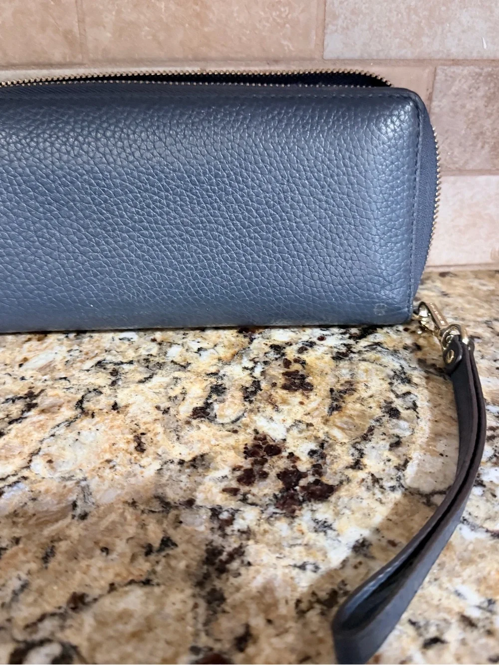 Michael Kors Navy Pebbled Leather Zip Wristlet Phone Wallet with Gold Plate